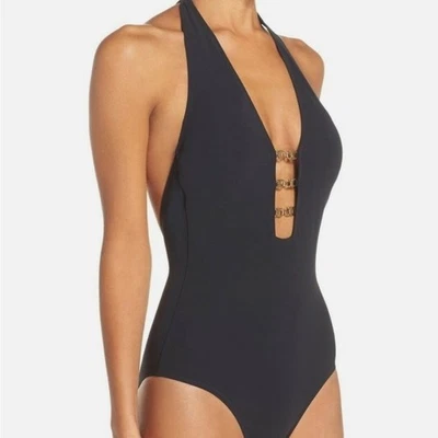 Maiô Tory Burch Gemini link mergulho profundo preto halter m médio - Imagem 1 de 4