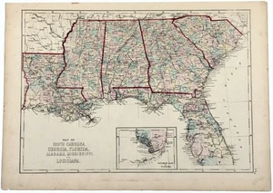 1875 Map  SOUTHERN STATES - Original - GEORGIA  SOUTH CAROLINA  LOUISIANA - Picture 1 of 3