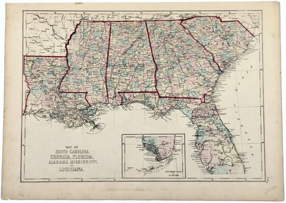 1875 Map  SOUTHERN STATES - Original - GEORGIA  SOUTH CAROLINA  LOUISIANA - Image 1 of 3