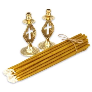 Cross Design Orthodox Candle Holders - Set of 2 Candlesticks + 20 pcs Pure Be... - Picture 1 of 5