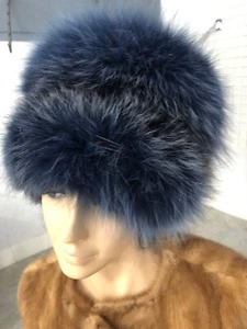 NWT DESIGNER DYED BLUE FOX FUR HAT BONNET BLUE LEATHER One Sz. - Picture 1 of 4