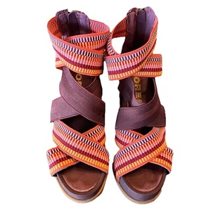 Sorel Joanie II Size 6 Wedge Elderberry Gladiator Sandals Strap Elastic Leather - Picture 1 of 8