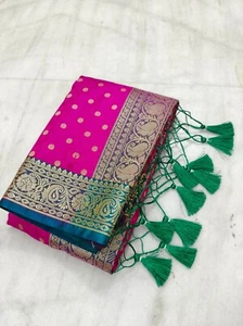 Women's Banarasi Soft Lichi Silk Neem Zari Saree With Unstiched Blouse Piece. - Picture 1 of 2