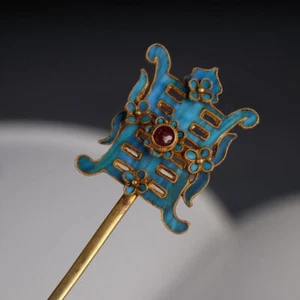 Antiche Clip per Capelli Cinesi Realizzate con Cloisonn É Imitazione Piuma Artigianalità - Foto 1 di 4