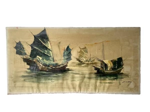 P Wong Original Painting Chinese Junk Boats on Water 24x12 - Picture 1 of 12
