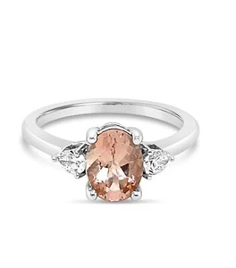 14KT White Gold 1.20 Ct GIA Certified Oval Morganite & Diamond Three Stone Ring - Picture 1 of 8