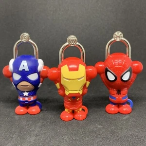 2014 Marvel Hero Tags Blip Toys Bag Clip Lock Key Lot of 3 Spiderman Ironman Cap - Picture 1 of 5