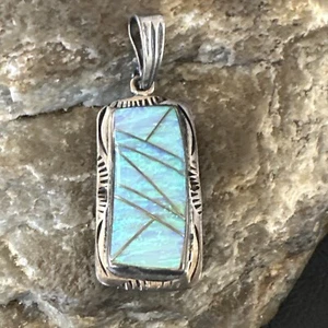 Womens Blue Fire Opal Navajo Sterling Silver Inlay Pendant 16484 - Picture 1 of 12