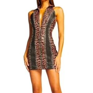 I.AM.GIA Amira Halter Dress S Leopard Print Black Faux Leather Punk Clubwear - Picture 1 of 9