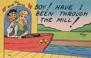Man & Woman in Boat Through The Old Mill, Old Vintage Linen Funny Comic Postcard - Picture 1 of 2