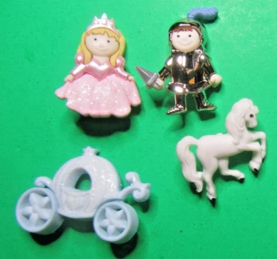 (4) PRINCESS-PRINCE-HORSE-COACH PLASTIC SHANK CRAFT EMBELLISHMENT BUTTONS-F859 - Image 1 of 2