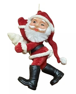 Flocked Santa Claus Ornament Christmas 3” Tall Running Waving Vintage - Picture 1 of 10