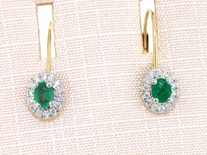 Pendientes Esmeralda 585 Oro Amarillo 14Kt 2 Esmeraldas Ovaladas Naturales 28 Brillantes - Imagen 1 de 5