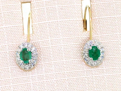 Smaragd Ohrhänger 585 Gelbgold 14Kt  2 natürliche ovale Smaragde 28 Brillanten - Bild 1 von 4