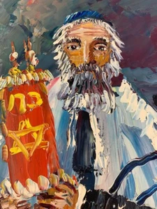 Morris Katz Signed Amazing Original Oil Painting 1988 "Rabbi lifting the Torah" - Picture 1 of 6