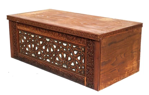 Lockwood De Forest Teak Carved and Inlaid Chest 17.25 h x 45.5 w x 23 inches Cover