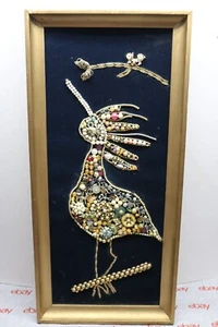 Vintage 1980's folk art rhinestone+ costume jewelry wall picture bird 25" x 12" - Picture 1 of 7