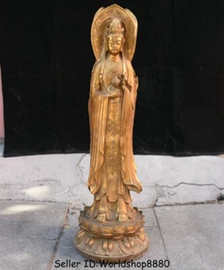 26.4" Chinese Copper Brass Stand 3 Kwan-Yin Guan Yin Boddhisattva Goddess Statue - Picture 1 of 11
