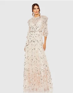 MAC DUGGAL 93805 FLORAL APPLIQUE PUFF SLEEVE HIGH NECK A-LINE BLUSH GOWN sz 12 - Picture 1 of 4