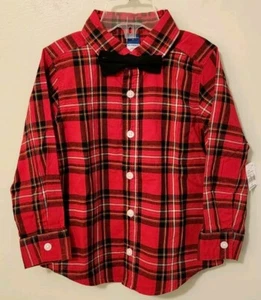 Old Navy Boys 3T Red Black Plaid Button Long Sleeve Dress Shirt & Bow Tie #15624 - Picture 1 of 4