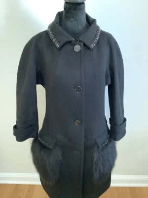 ROBERTO CAVALLI wool & Cashmere black coat size 40 with raccoon fur Retail $5700 - Image 1 of 4