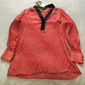 Shanghai Tang Womens Silk Tunic Sz 8 Coral Black V-Neck Long Sleeve NWT $365