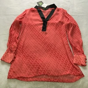 Shanghai Tang Womens Silk Tunic Sz 8 Coral Black V-Neck Long Sleeve NWT $365 - Picture 1 of 11
