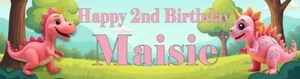 PERSONALISED BANNERS NAME PHOTO BIRTHDAY PARTY cute Dinosaur girl 4th 5th Pink - Picture 1 of 4