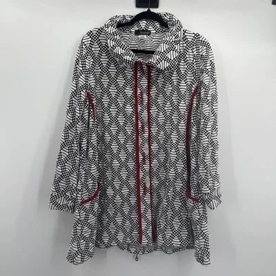 Moonlight Jacket Womens Large Black White Geometric Print Red Trim Zip Lagenlook - Image 1 of 4
