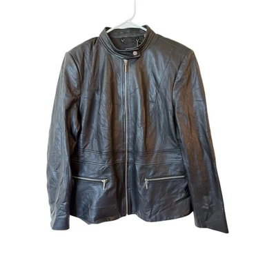 Elie Tahari Full Zip Leather Moto Jacket Black Women's Size US16 Outdoor Whimsy - Image 1 of 4