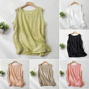 Women Cotton Linen Summer Tank Vest Shirt Sleeveless Round Neck Tops Cami Blouse - Picture 1 of 24