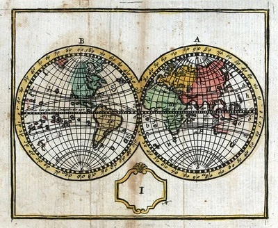 Mapa Infantil Bruyset 1790 Mundo en Hemisferios Europa Asia África América con Llave Foto 1 de 4
