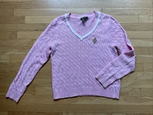 RALPH LAUREN Active Pink Cable Knit V-Neck Cotton Sweater Size L - Picture 1 of 3