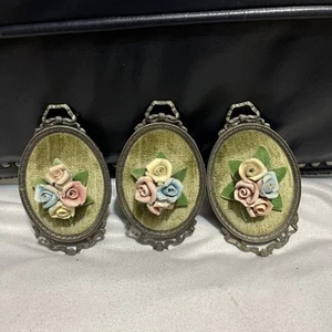 3 Capodimonte Italy VTG Porcelain Floral Wall Hangings gold Velvet 3” Brass - Picture 1 of 8