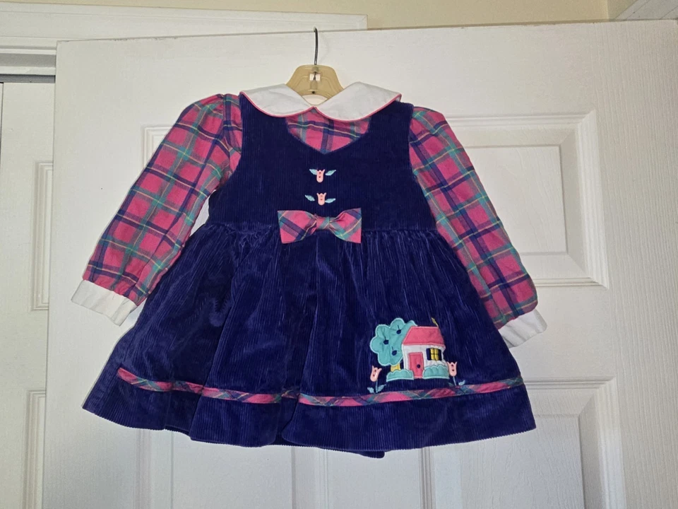 Vestido tipo jersey de pana vintage para niñas pequeñas talla 2T bordado a cuadros 2 piezas Foto 1 de 4