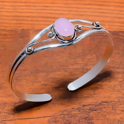 Brazalete de joyería de plata de ley 925 hecho a mano con piedras preciosas de cuarzo rosa AD-6517 Foto 1 de 4