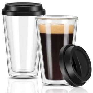 2 Packs Double Walled Glass Coffee Mugs with Silicone Lids 12 OZ Reusable Gla... - Picture 1 of 7