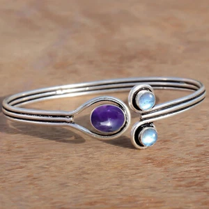 Amethyst & Labradorite Gemstone Bangle 925 Sterling Silver New Look Bracelet - Picture 1 of 7
