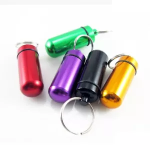 Mini Metal Medicine Pill Box Case Bottle Holder Waterproof Container Keychain - Foto 1 di 19