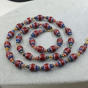 Vintage Venetian Style Brown Chevron with MultiColor Small Glass Bead Necklace - Picture 1 of 15