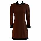 Vintage Genny Brown Wool Long Sleeve Mini Dress Black Silk Quilted Trim 2 38 XS