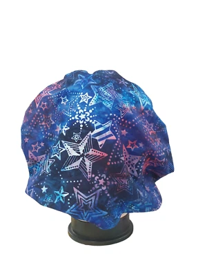Bouffant scrub hat cap women red white blue stars fireworks batik independence - Image 1 of 2