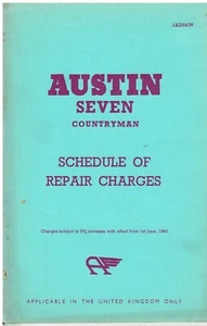 AUSTIN SEVEN(MINI) SAL COUNTRYMAN '60 FACTORY SCHEDULE OF REPAIR CHARGES BOOKLET - Picture 1 of 1