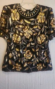 Laurence Kazar NWT Vintage Size M Black/Gold Silk Hand Beaded/Sequin Top - Picture 1 of 9