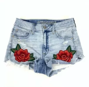 Pantalones Cortos America Eagle 00 Floral Bordado Denim Tiro Alto Dobladillo Crudo Elastizado Playa - Imagen 1 de 12
