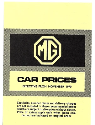Folleto desplegable MG Vanden Plas precios y opciones 1970-71 del mercado del Reino Unido MGB enano Foto 1 de 2