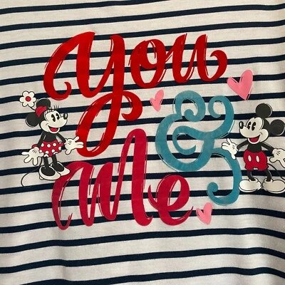 迪士尼女式 M T 恤海军蓝白色条纹 3/4 Flutter 袖图案米妮米奇 — 第 1/4 张图片