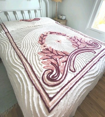 Colcha de Chenille Vintage Art Deco Borgonha Salmão Branco Completa/Rainha Estado Perfeito! - Imagem 1 de 4