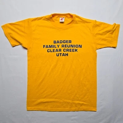 Vintage Badger Family Reunion Shirt Clear Creek Utah Yellow Mens Large Tee 90s - Image 1 of 4