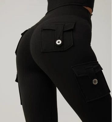 Leggings esportivas femininas de algodão com bolsos elásticos calças de corrida ioga - Imagem 1 de 4